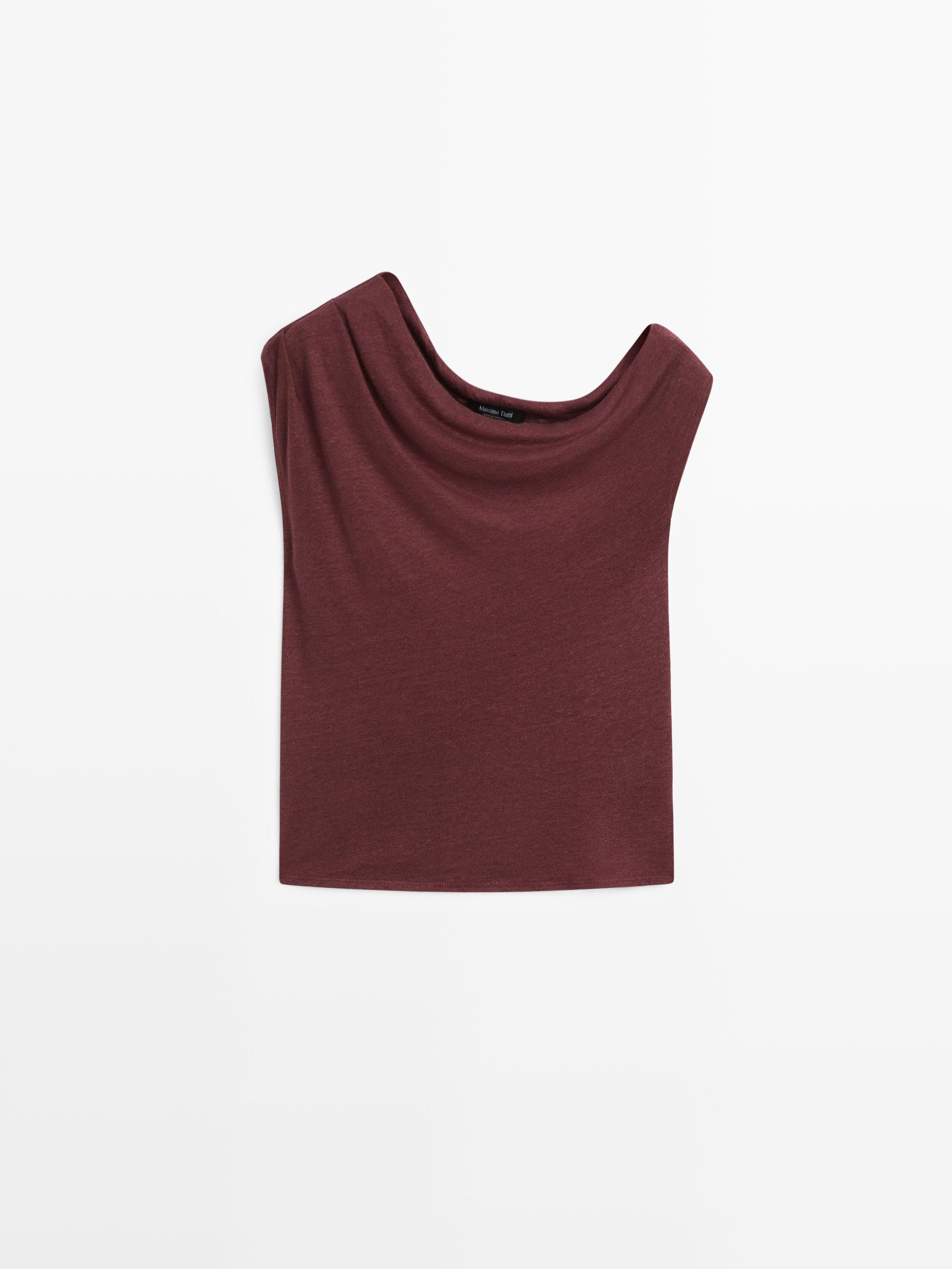 Top asymétrique drapé en lin mélangé